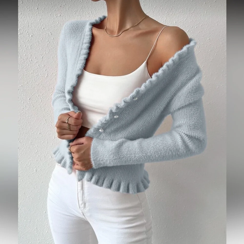 Soft Knit V-Neck Cardigan - Light Blue - Picture 2 of 7
